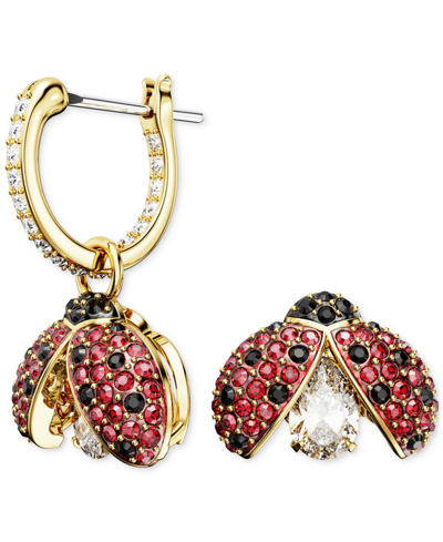 Swarovski Gold-tone Multicolor Crystal Ladybug Mismatch Hoop & Stud Earrings In Red