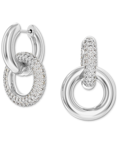 Swarovski Rhodium-plated Pave Interlocking Loop Charm Mismatch Hoop Earrings In Silver/crystal