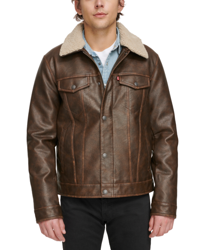 Levi's Men's Sherpa-trim Faux-leather Trucker Jacket In Brown