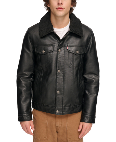 Levi's Men's Sherpa-trim Faux-leather Trucker Jacket In Black