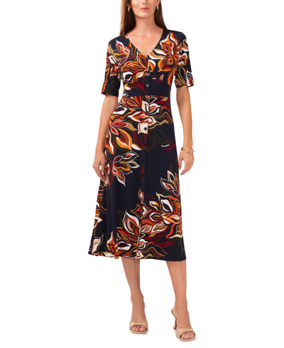 Msk Women's Printed Button-front Midi Dress In Navy Rust