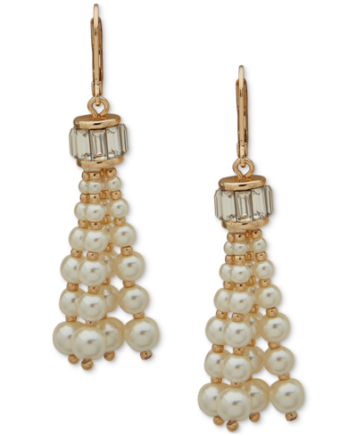 Anne Klein Gold-tone Imitation Pearl & Stone Baguette Tassel Drop Earrings In Crystal