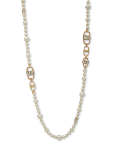 Anne Klein Gold-tone Imitation Pearl & Stone Baguette 42"statement Necklace In Crystal