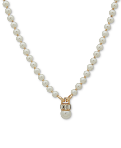 Anne Klein Gold-tone Imitation Pearl & Stone Baguette Pendant Necklace, 16" + 3" Extender In Crystal