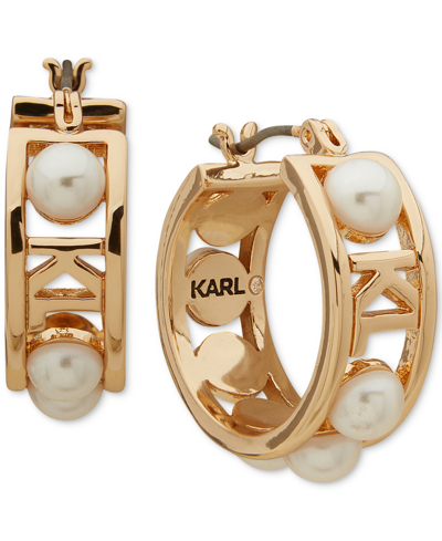 Karl Lagerfeld Women's Gold-tone Imitation-pearl Hoop Earrings, 3/4" In White