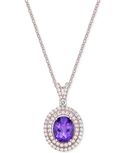 Macy's Amethyst (3-1/5 Ct. T.w.) & White Topaz (2-1/20 Ct. T.w.) Oval Halo 18" Pendant Necklace In Sterling