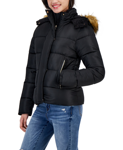 Maralyn & Me Juniors' Faux-fur-trim Hooded Puffer Coat, Created For Macy's In Black