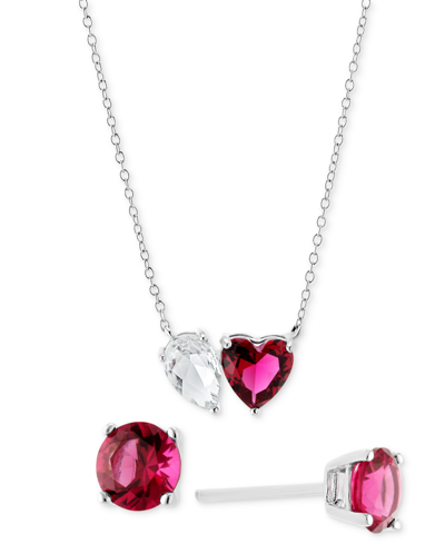 Giani Bernini 2-pc. Set Cubic Zirconia Pear & Heart Pendant Necklace & Round Stud Earrings In Sterling Silver, Cre In Red