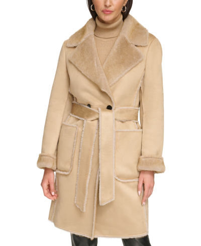 Dkny Women's Belted Notched-collar Faux-shearling Coat, Created For Macy's In Camel