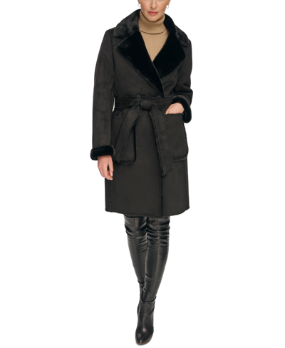 Dkny Women's Belted Notched-collar Faux-shearling Coat, Created For Macy's In Black