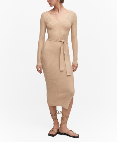 Mango Robe Midi Maille Ceinture In Sand