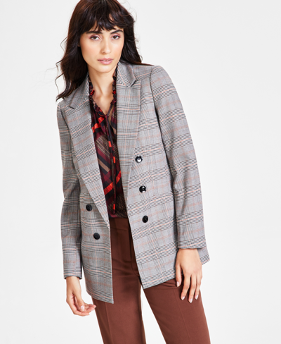 Bar Iii Women's Mini Check Open-front Faux Double-breasted Jacket, Created For Macy's In Gaucho Brown Multi
