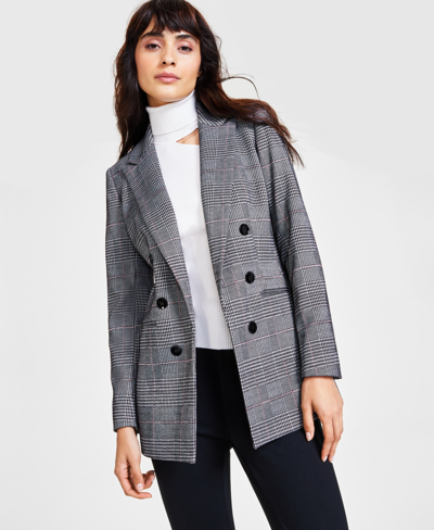 Bar Iii Women's Mini Check Open-front Faux Double-breasted Jacket, Created For Macy's In Black Multi
