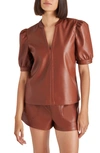 Steve Madden Jane Womens Faux Leather Split Neck Blouse In Cognac