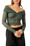 Free People Hold Me Closer Lace Off The Shoulder Crop Top In Silver Pine