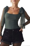 Free People Tongue Tied Mesh Sleeve Tie Shoulder Bodysuit In Green Gables