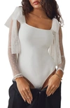 Free People Tongue Tied Mesh Sleeve Tie Shoulder Bodysuit In Ivory
