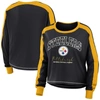Wear By Erin Andrews Black/gold Pittsburgh Steelers Color Block Modest Crop Long Sleeve T-shirt In Black