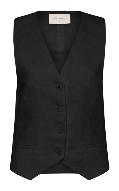 St Agni Tailored Linen Vest In Black