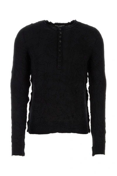 Dolce & Gabbana Grandad Neck Top In Virgin Wool In Black