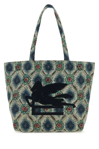 Etro Woman Embroidered Canvas Medium Soft Trotter Shopping Bag In Multicolor