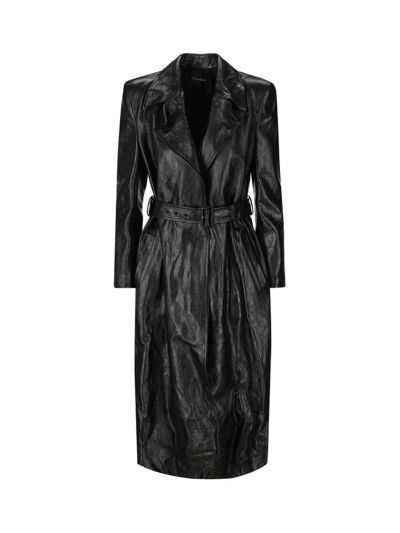 Balenciaga Waist Belted Leather Coat In Black