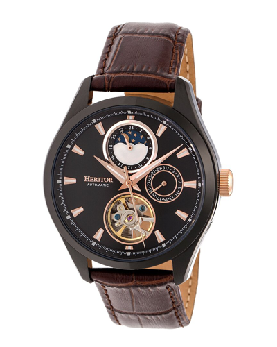 Heritor Automatic Sebastian Semi-skeleton Leather-band Watch In Black