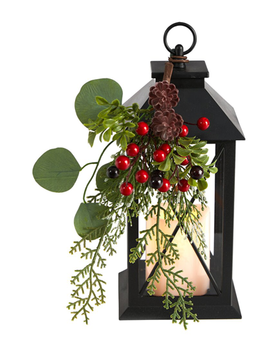Nearly Natural 12in Metal Lantern Table Arrangement With Led Candle In Green