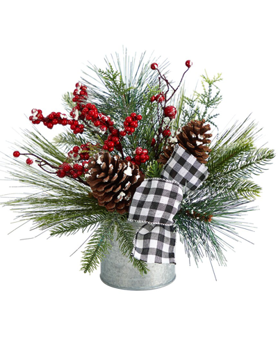 Nearly Natural 12in Frosted Pinecones And Berries Artificial Arrangement In Vase With Decorative Plaid Bow In Green