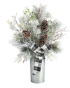 Nearly Natural Frosted Greenery And Pinecone With Plaid Bow Artificial Christmas Arrangement In Decorative Tin In Silver