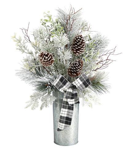 Nearly Natural Frosted Greenery And Pinecone With Plaid Bow Artificial Christmas Arrangement In Decorative Tin In Silver