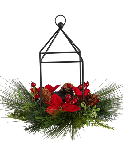 Nearly Natural 14in Christmas Poinsettia, Berry And Pinecone Metal Candle Holder Christmas Artificia In Green