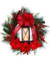 Nearly Natural Poinsettia And Berry Holiday Lantern Christmas Wreath With Led Candle In Red