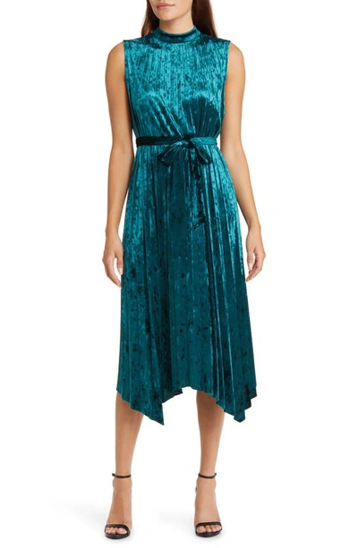 Tahari Asl Pleated Velvet Midi Dress In Teal