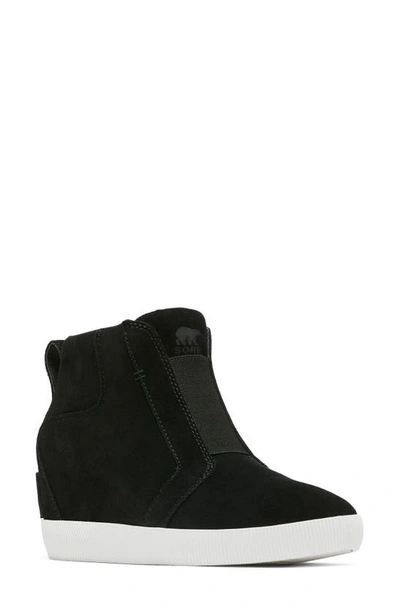 Sorel Out N About Wedge Sneaker Booties In Black/sea Salt