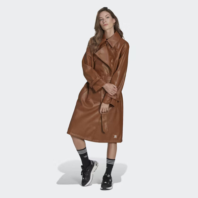 Pre-owned Adidas Originals Adidas Women Adicolor Trefoil Faux Leather Trench Wild Brown Color Coat Ii6083