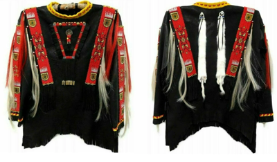 Pre-owned Handmade Old American  Black Leather Lakota Beaded Powwow Regalia War Shirt Nw4