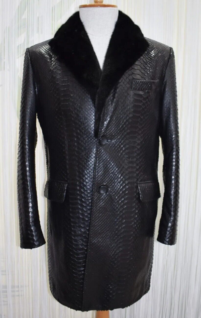 Pre-owned Handmade Man's Real Python Snake Skins Genuine Snake ? Hides Long Jacket Coat All Sizes In Black