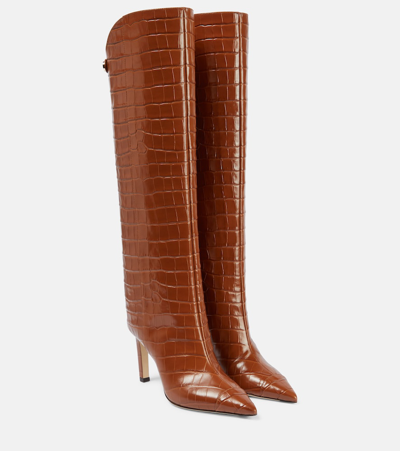 Jimmy Choo Alizze 85 Croc-embossed Knee-high Boots In Brown