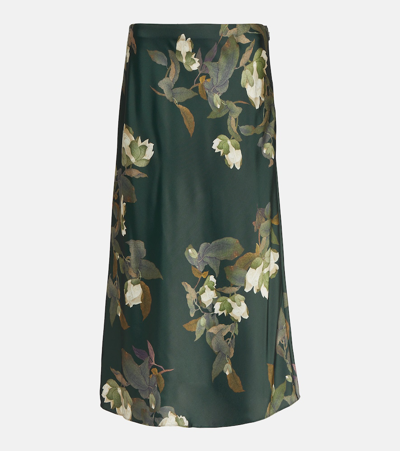 Vince Floral Silk Satin Midi Skirt In Green