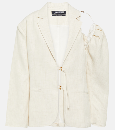 Jacquemus Linen Blazer Jacket With Off-shoulder Puff Sleeve In White