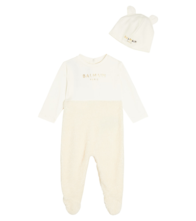 Balmain Baby Cotton Onesie And Beanie Set In White