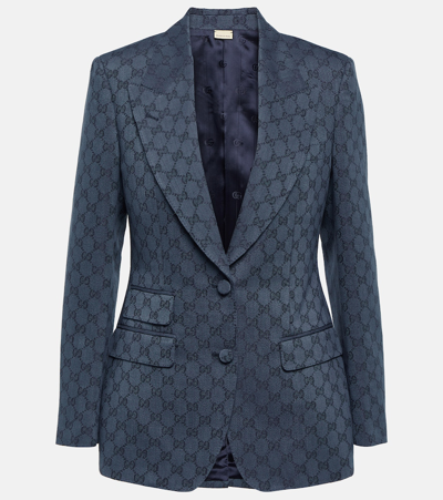 Gucci Gg-jacquard Linen-blend Single-breasted Blazer In Blue