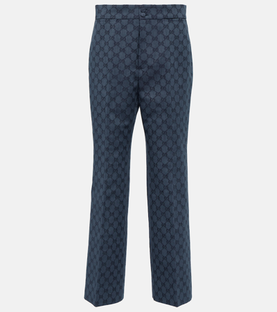 Gucci Gg-jacquard Linen-blend Trousers In Blue