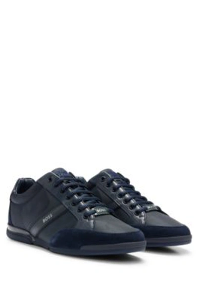 Hugo Boss Mixed-material Trainers With Suede And Faux Leather In Dark Blue