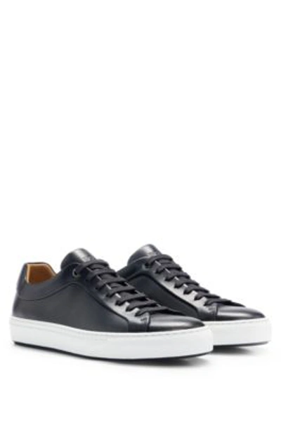 Hugo Boss Leather Cupsole Trainers With Logo Details Crafted In Italy In Dark Blue