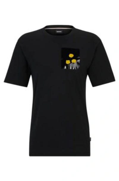 Hugo Boss Interlock-cotton T-shirt With Faux Flower Petals In Black