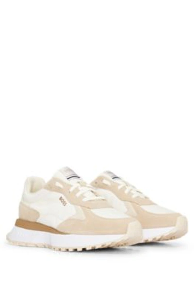 Hugo Boss Mixed-material Trainers With Pop-color Sole In Light Beige