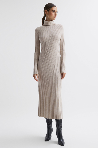 Reiss Cady Rib Knit Roll Neck Midi Dress In Neutral