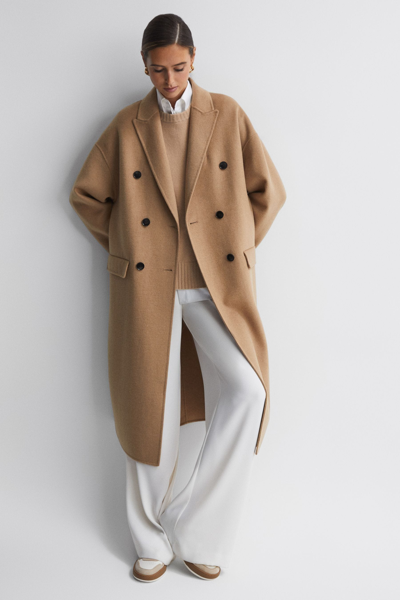 Reiss Layah - Camel Relaxed Wool Blend Double Breasted Coat, Us 8